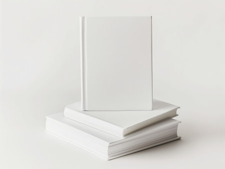 A stack of three blank white books on a clean background, concept of simplicity and potential.の素材