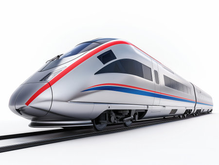 Sleek modern train on tracks against a white background, symbolizing fast travel and technologyの素材