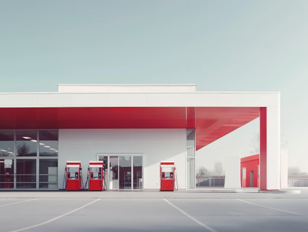 A sleek, contemporary gas station with vibrant red and white color scheme, clean lines, and clear sky.の素材