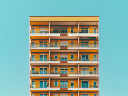 A symmetrical perspective of a vibrant orange apartment building with balconies against a clear blue sky.の素材