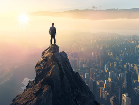 A silhouetted figure stands atop a mountain, gazing over a vast urban skyline bathed in the warm glow of the rising sun.の素材