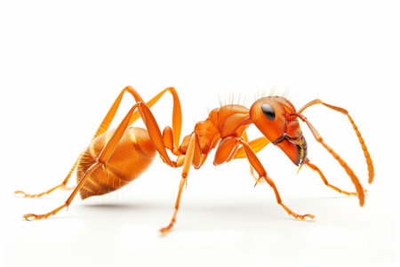 Detailed macro image of an orange ant isolated on a white backdrop, showcasing intricate textures and anatomyの素材
