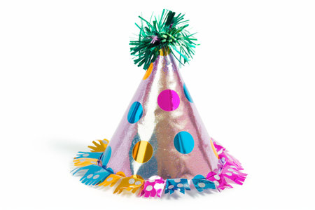 A colorful, shimmering party hat with polka dots, isolated on a white background, symbolizing celebrationの素材