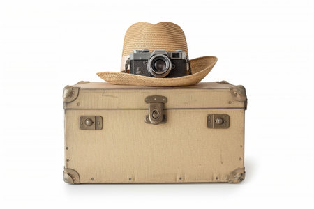 A classic camera resting in a straw hat on top of an old suitcase, symbolizing adventure and travel nostalgiaの素材