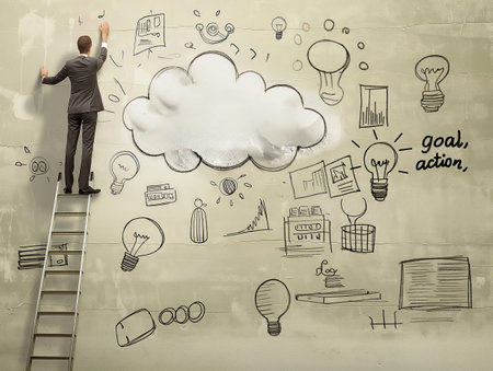 Man on ladder sketching creative ideas and goals on a wall, symbolizing strategic planning and innovation.の素材