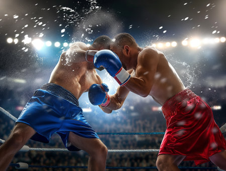 Two boxers in a fierce fight, exchange punches in the ring, showcasing determination and strength.の素材