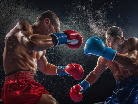 Two boxers in a dynamic exchange of punches with visible sweat and spray.の素材