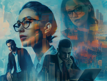 A composite image depicting a thoughtful businessman and businesswoman with a cityscape overlay, symbolizing strategy and future vision.の素材