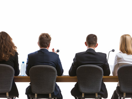 A group of four professionals seated at a conference table, facing an audience, engaged in a panel discussion.の素材