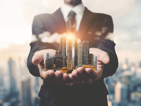 Businessman holding a miniature cityscape, symbolizing control and planning in urban development.の素材