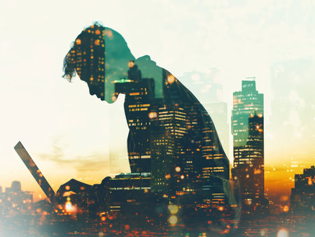 Double exposure of a person working on a laptop with a city skyline, capturing the blend of work and urban life.の素材