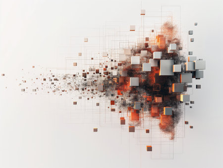 Array of 3D cubes emerging with dynamic explosion effect on white background.の素材