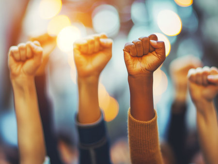 A series of raised fists against a bokeh light background symbolizing unity, diversity, and empowerment.の素材