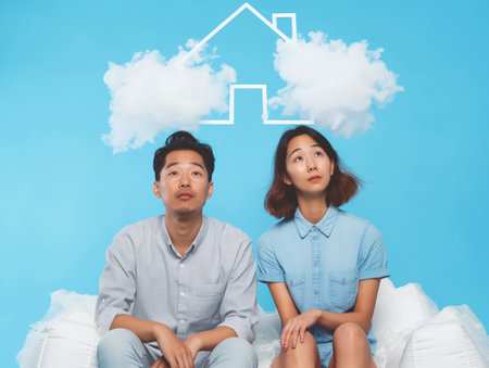 A couple sitting side-by-side against a blue background with cloud-shaped thought bubble forming a house outline.の素材