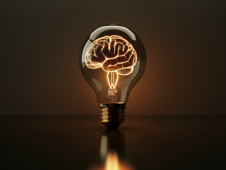 A lightbulb with a glowing brain inside symbolizes creativity, innovation, and intelligence against a dark background.の素材
