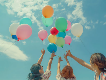 Group of people releasing colorful balloons into the blue sky, depicting joy and celebration.の素材