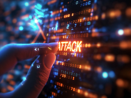 A hand interacts with a digital interface displaying a cyber attack in progress with dynamic code and the word ATTACK highlighted.の素材