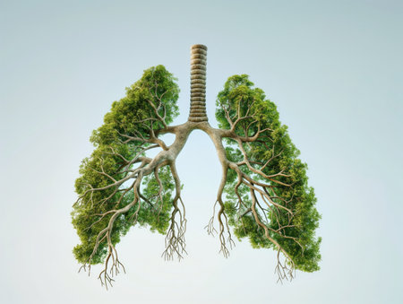 Conceptual image of trees forming the shape of human lungs, symbolizing the connection between nature and respiratory health.の素材