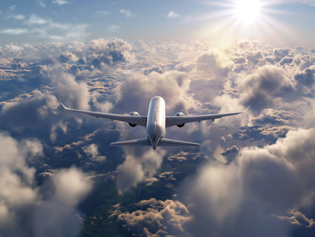 Aircraft soaring high amidst the clouds with the sun shining brightly in the background.の素材