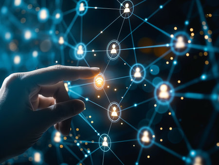 Close-up of a human finger about to touch a glowing node in a network of connected points, depicting digital interactivity and futuristic technology.の素材