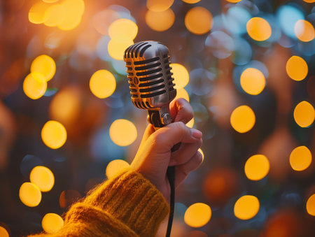 Close-up of a hand in a cozy green sweater holding an old-fashioned microphone with warm bokeh lighting in the background.の素材