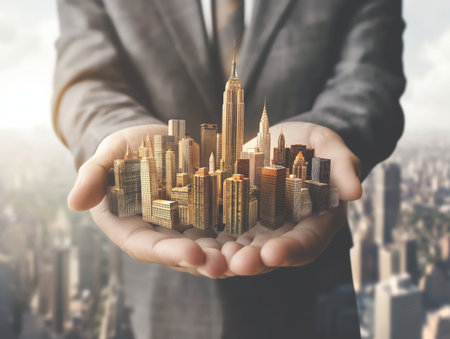 A conceptual image of a city skyline cradled in the palms of a persons hands, symbolizing control and planning in urban development.の素材