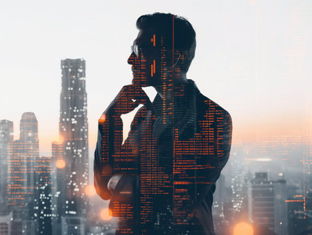 Silhouette of a thoughtful businessman overlaid with digital code, against a cityscape at sunset.の素材