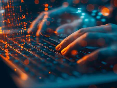 Close-up of hands typing on a backlit keyboard with digital data overlay, symbolizing online security.の素材