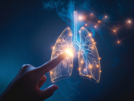 A hand touching the glowing representation of human lungs, symbolizing medical examination and lung health.の素材