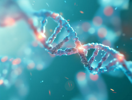 Close-up view of a luminous DNA double helix structure with sparkling highlights on a blue background.の素材