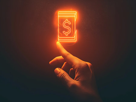 Hand touching a glowing digital dollar sign, symbolizing modern finance and virtual currency.の素材