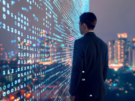 A male professional in a suit immerses in the digital binary world, symbolizing data analysis and technology innovation.の素材
