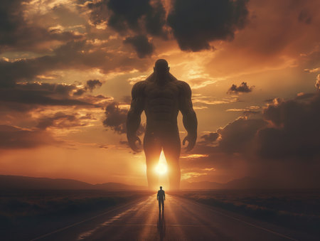 A lone person stands before a towering giant on a deserted road at sunset, depicting a fantastical moment of confrontation.の素材