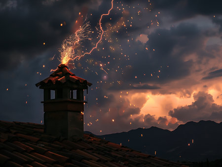 A chimney expels vibrant sparks into the evening sky, hinting at warm life within, against a backdrop of clouds and mountains.の素材