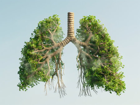 Lungs-shaped tree with lush green foliage symbolizing clean air and environmental health.の素材