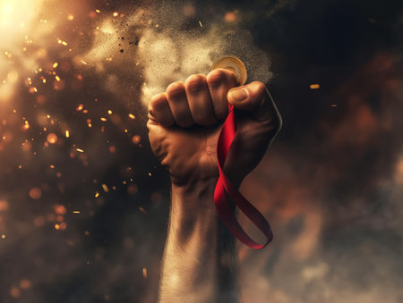 Clenched fist holding a medal against a fiery backdrop, symbolizing victory and determination.の素材