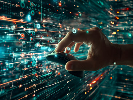 Hand touching a modern interface with digital data stream, symbolizing high-tech computing and information technology.の素材