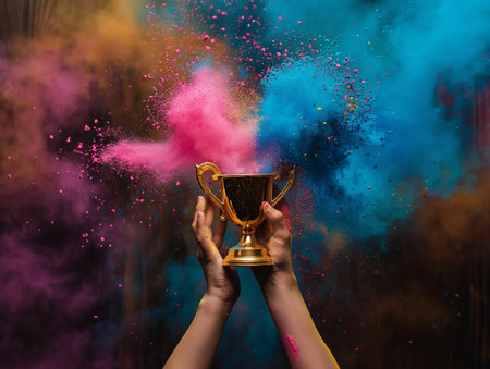 Hands holding a trophy with a vibrant burst of colored powder in the background.の素材