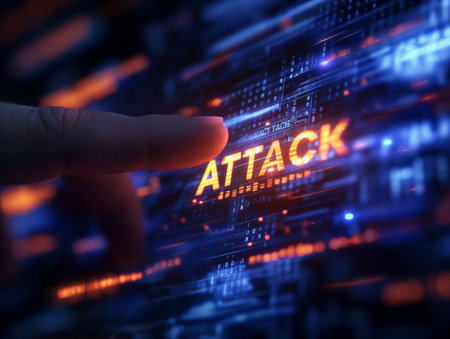 Close-up of a finger about to touch a digital screen with the word ATTACK highlighted.の素材
