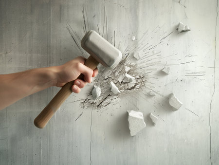 Hand holding a hammer striking a white wall causing a dramatic shattering effect.の素材