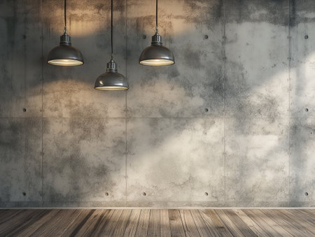 Vintage-inspired pendant lights illuminate a room with grungy concrete wall and wooden floor.の素材