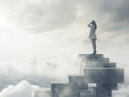 A woman stands on the top of a stairway above the clouds, looking into the distance. The image symbolizes ambition, achievement, and the journey to success.の素材