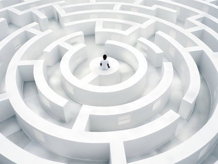 A man sits in the center of a large, intricate white maze, symbolizing the concept of finding oneself, decision-making, and lifes journeyの素材