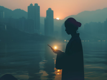 A silhouette of a woman holding a smartphone by the water at sunset, with city buildings and mountains in the background, creating a serene and contemplative atmosphereの素材