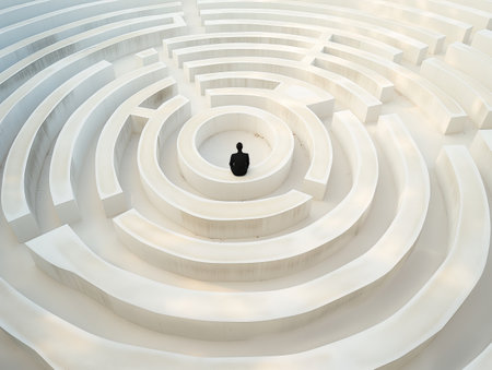 A lone figure sits in the center of a large, white, circular maze, symbolizing isolation, contemplation, and the complexity of lifes journeyの素材