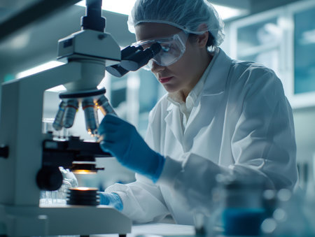 A scientist in a lab coat and protective gear examines samples through a microscope in a modern laboratory, highlighting scientific research and innovationの素材