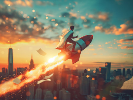 A man in a superhero cape rides a rocket over a cityscape at sunset, symbolizing ambition, success, and adventureの素材