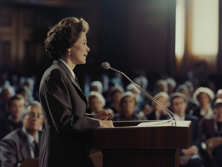 A professional woman in a suit delivers a speech at a conference, standing at a podium with a microphone. The audience listens attentively, highlighting themes of leadership and public speakingの素材