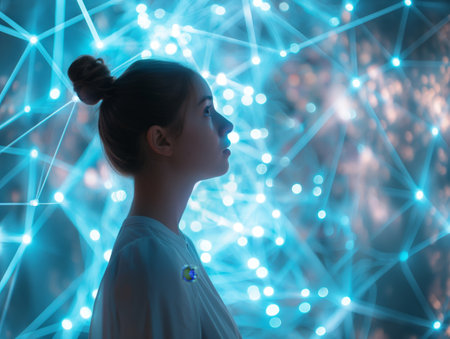 Profile of a woman standing against a backdrop of glowing blue network connections, symbolizing technology, innovation, and digital communicationの素材