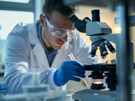 A focused scientist in a lab coat and safety goggles examines a sample under a microscope. The image captures the essence of scientific research and laboratory work.の素材